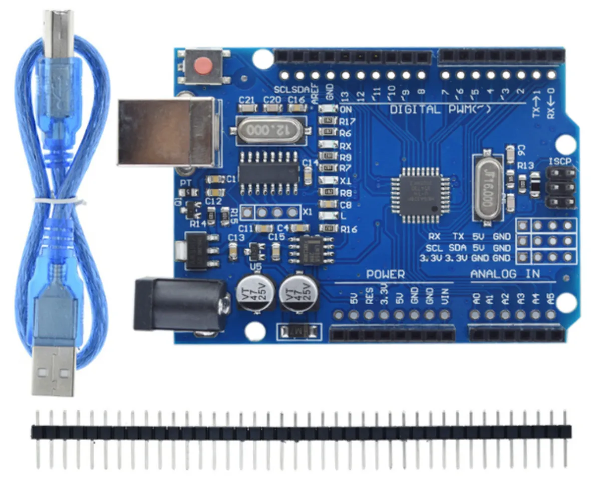 Arduino UNO R3 kompatibel inkl. USB-kabel och header pins.