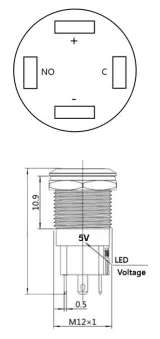 Tryckknapp | på-av self lock | 5V LED Röd | RVS | 12mm – 3