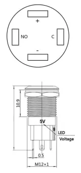 Tryckknapp | Moment - puls | 5V LED Röd | RVS | 12mm – 3