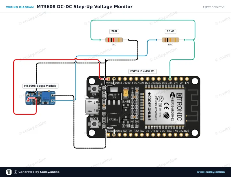 Kopplingsschema: MT3608 2A Max DC-DC Step Up-strömförsörjningsmodul Booster-strömförsörjningsmodul på en ESP32 DevKit V1