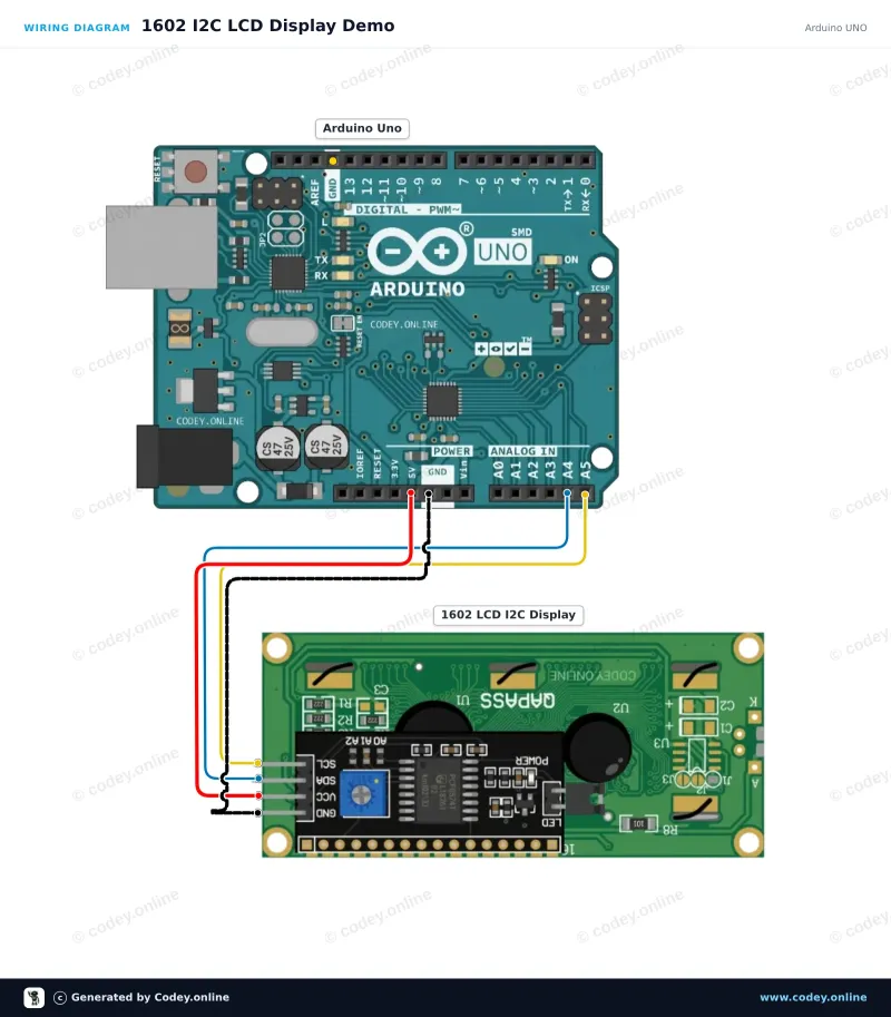 Kopplingsschema: LCD 1602/2004 I2C-adapter på en Arduino UNO