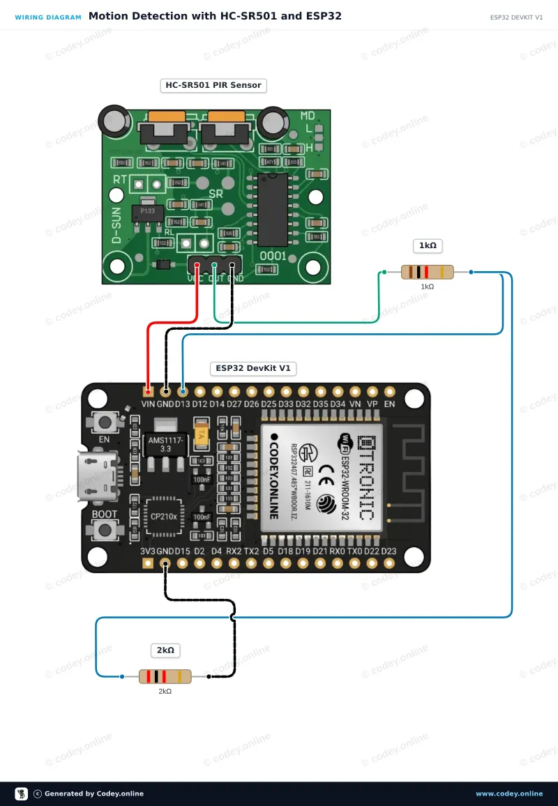 Kopplingsschema: PIR-sensor HC-SR501 rörelsesensor på en ESP32 DevKit V1